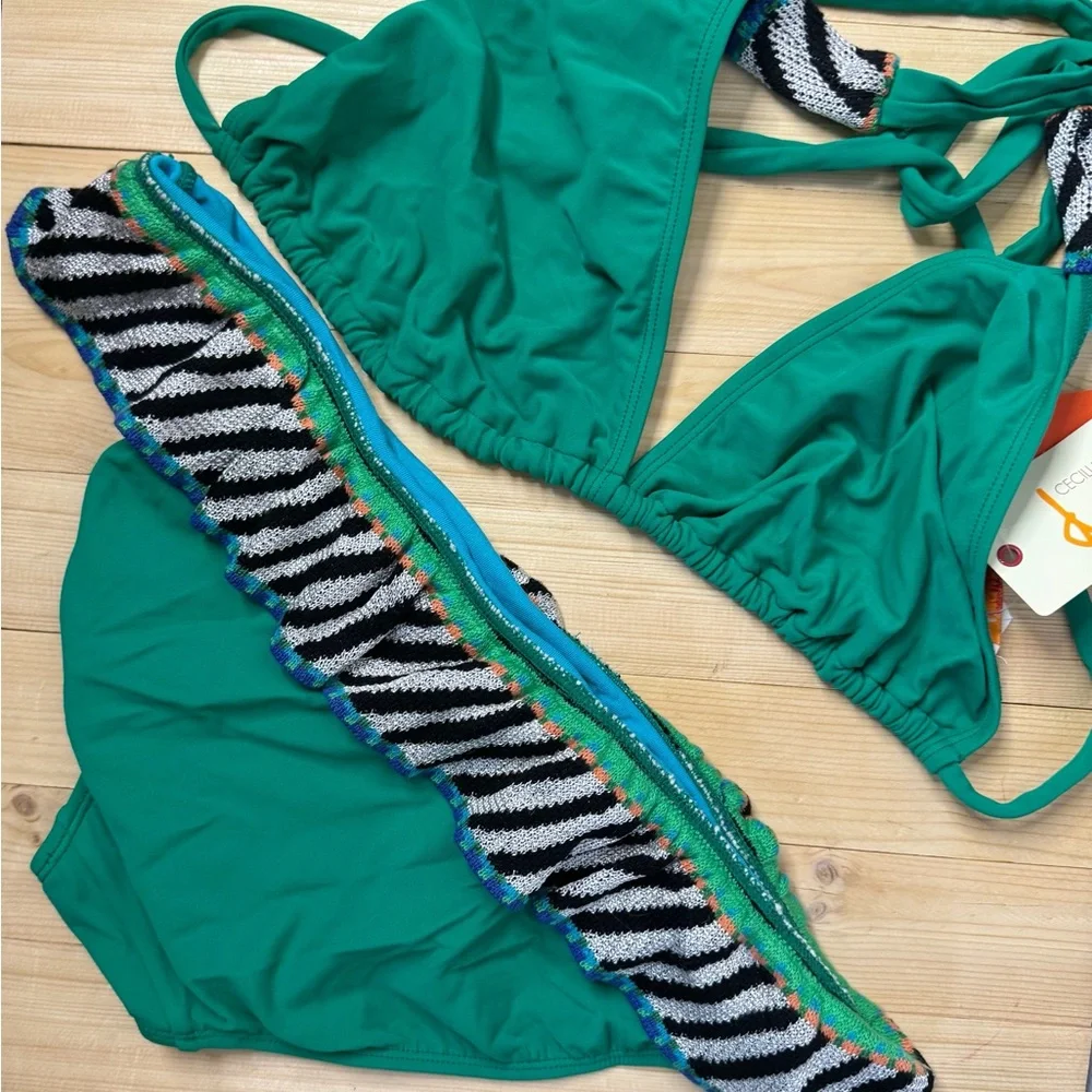 Cecilia Prado Green Zebra Trim Bikini Set Tie Side Swimwear NWT Med/Large